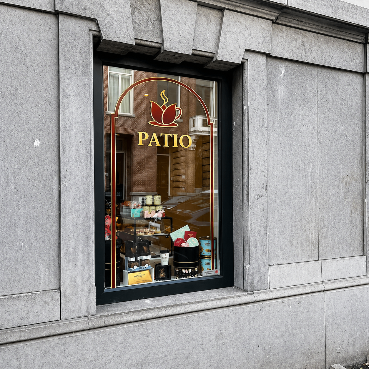 Arched gold logo on the window